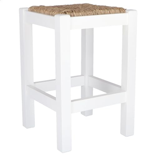 Well Home MOBILIARIO & DECORACIÓN Banqueta rústica Baja, Fabricada en Madera, Acabado en Blanco, 32,5x32,5x48,5 cm