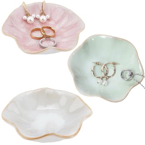 CHENKEE Plato de Joyería de Cerámica, 3 Piezas Bandeja de Joyería de Hojas Soporte de Plato de Anillo Pequeño Plato de Joyería de Flores para Decoración del Hogar, Almacenamiento de Joyas