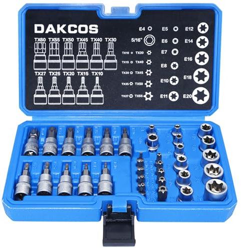 DAKCOS Jeu de 34 Coffret douilles torx femelle E4-E20, Embout torx étoilé profil T10-T60, Adaptateur 3/8'' à 5/16''