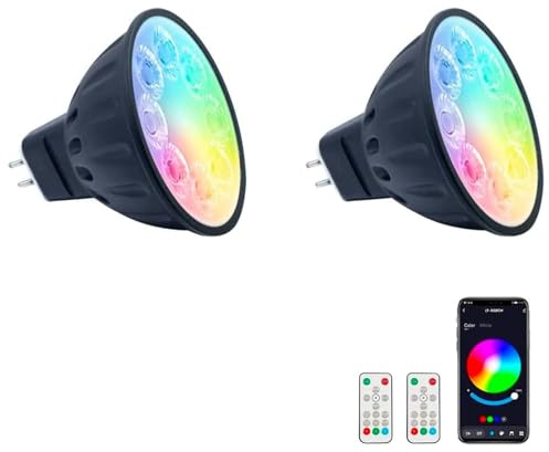Noobibaba Bluetooth MR16 Colour Changing LED Bulbs 5W 12V for Christmas New Year, GU5.3 Bi-Pin Base MR16 Colour LED Bulbs, Bluetooth & Remote Control, Warm White + 15 Multicolor 2-Pack