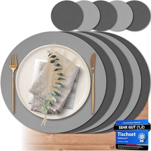 Mahewa® 6er Set Premium Tischset aus Kunstleder - Platzset abwaschbar und wasserdicht - Platzdeckchen Telleruntersetzer in Lederoptik (Dunkelgrau/Hellgrau, Rund)