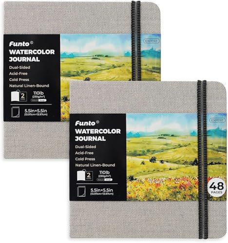 Funto Aquarell-Tagebuch, Quadratisch, Beidseitig Kalter Walzpapier, 5,5 x 5,5, tragbares 2-Paket, graues Cover mit elastischer Band, 110 lb/230gsm, Kunststoffversorgung für Gemischte Medien.