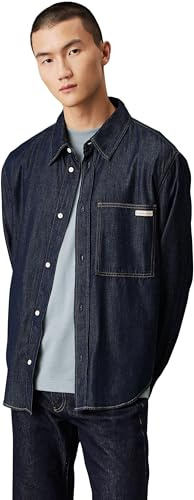 Calvin Klein Uomo Camicia in Jeans Regular Denim Shirt Taschino sul Petto, Blu (Denim Dark), S