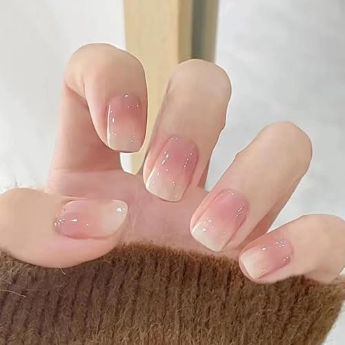 Maggidea French False Nails, Acrylic French Stick on Nails, 24pcs Strong Square Almond Long Short French Style Press On Nails with Glue White Tips Design Fake Nails (Gradient Orange Square)