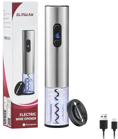 ELMWAY Rechargeable Electric Wine Bottle Opener – Electric Wine Opener & Corkscrew with Dual LED Lights, Transparent Window, Fast Cork Removal & Brushed Stainless Steel, Includes Foil Cutter – Silver