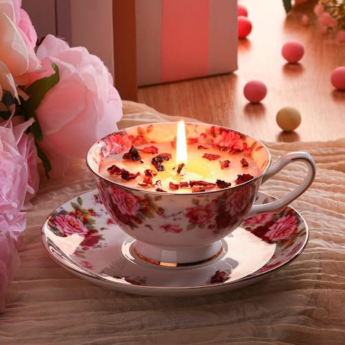 Tea Cup Candle for Women Mother's Day Gifts Bridal Shower Gifts Floral Cups with Saucer Tea Party Candles for Mother's Day Bridal Wedding Birthday