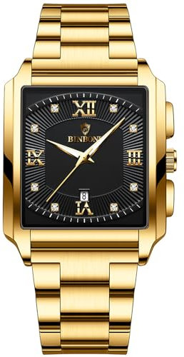 JewelryWe Herrenuhr Edelstahl Rechteckige Uhr: Herren 30m Wasserdicht Kalender Analog Quarz Armbanduhr Männer Gold Edelstahlarmband Leuchtend Uhr mit Schwarz Eckigem Römischen Ziffern Zifferblatt