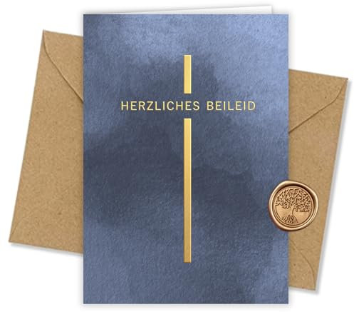 Trauerkarte mit Heißfolienprägung - Inkl. Briefumschlag & Wachssiegel - Hochwertige Kondolenzkarte aus 300g Offsetkarton - Beileidskarte Made in Germany - Kreuz