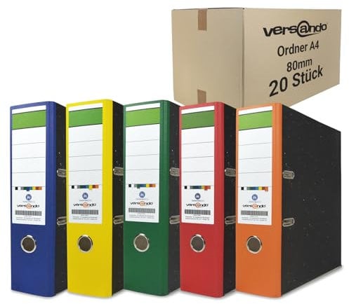 versando Farbmix Farbenspiel 20x breiter Premium Ordner DIN A4 Aktenordner 8cm Ringordner - Blauer Engel zertifiziert - blau gelb grün rot orange