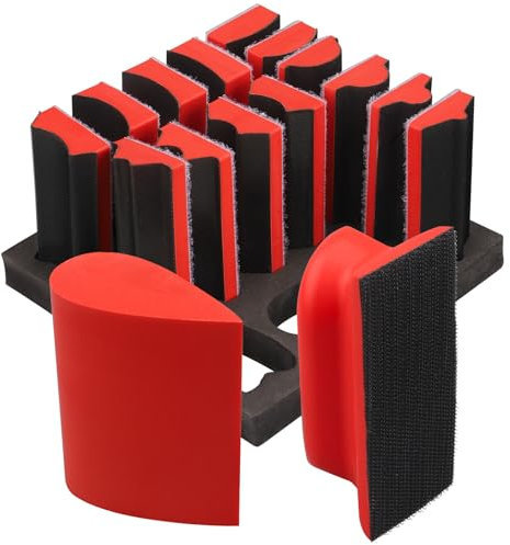 PMIQSA Juego de 16 bloques de lijado a mano, almohadillas de lijado de perfil contorneado con gancho y bucle, formas cóncavas para carpintería, muebles, pintura y manualidades, color rojo