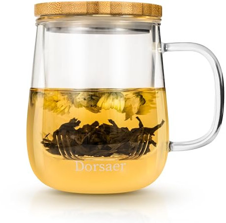 Dorsaer 500ml Glass Tea Cup with Infuser and Lid, Glass Tea Mug for Tea Steeping at Home and Office. Larger Glass Tea Cups, Clear Glass Tea Mugs with Infuser and lid