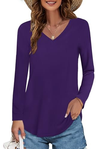 Elesomo Ladies Long Sleeve T-Shirts V Neck Cotton Casual Solid Tee Tops, Purple 14