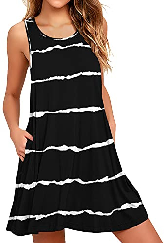 Actcat Damen Leichte Sommerkleid V-Ausschnit Swing Tank-Kleid Ärmellos Strandkleid Knielang mit Taschen