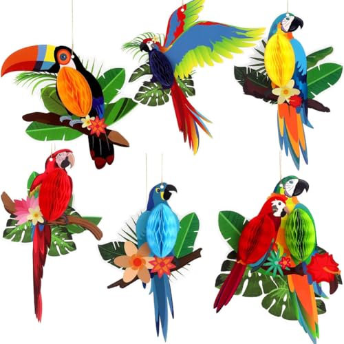 6 Stück Tropische Vogeldekoration, Dschungel Deko Papagei Hängende Dekorationen, Tropische Vögel Dekorationen Hawaii Deko Dschungel Deko Geburtstag Hawaii Party Gartenparty Deko für Hawaii Deko Party