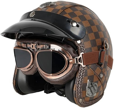 VVPEC Vintage Cuir Casque De Moto Jet pour Homme Et Femme avec Anti Scratch Visiere Portable Casque Moto Bols ECEDOT Homologué Face Ouverte Casque Mobylette Adulte Demi Casque(8,2XL=63~64cm)