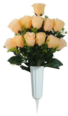 Geranios UN ramo con 12 cabezas de rosas y un cubo de flores decorativas de cementerio, flores decorativas de cementerio extranjero y flores artificiales jardineras ventanas (A, talla única)