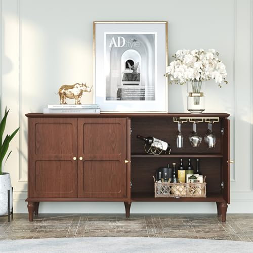 MROJISC Kommode Braun, Weinschrank mit Weinglasregalen, Sideboard Buffet Schrank mit 4 Türen, Mid-Century Holz Akzent Schrank Moderne Kommoden & Sideboards für Wohnzimmer, Esszimmer, Küche