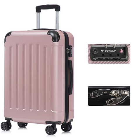 YONSLY Premium Reisekoffer TSA-Schloss,YKK-Reißverschluss Hartschalen-Koffer Trolley Rollkoffer Suitcase Handgepäck 4 Rollen (Roségold, L)