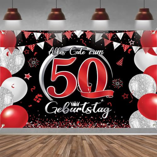 50. Geburtstag Banner Frauen Männer Deko Rot Schwarz 50 Geburtstag Hintergrund Banner, Extra Große Stoff Schild Poster für 50. Geburtstagsparty Deko, 210x150 cm