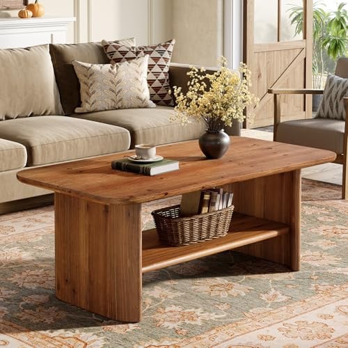TRIBEWOOD Massivholz Couchtisch mit Stauraum, 120 cm Langer Rechteck Wohnzimmertisch, 2-Tier Stabiler Sofatisch für Wohnzimmer, Büro, Rustikale Braun