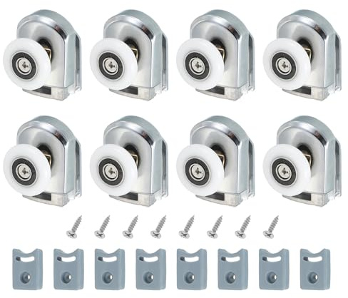 QUARKZMAN 25 Mm Dusch Tür Rollen Einzelne Dusch Tür Führungsräder Rollen Führungen Kunststoff Grund Räder Mit Anti Kollisions Block Und Schrauben Für Glastüren 4-6 Mm Silber 8 Stk