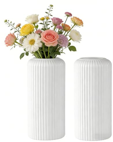 2 Pcs Vase For Flowers, Plastic Vases for Flowers, Striped Modern Durable Flower Vases for Wedding Dinner Table Office Bedroom-20 CM (White)
