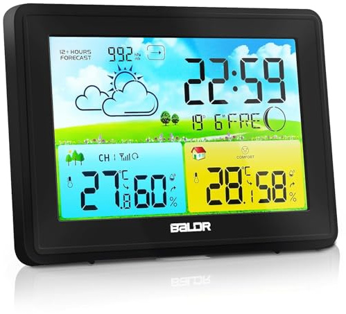 Wetterstation Funk mit Außensensor, Innen und Außen Temperatur, Luftfeuchte, Funkwetterstation mit Wettervorhersage, Barometer, Digital Farbdisplay DCF Funkuhr zum Stellen,Hängen,Schwarz