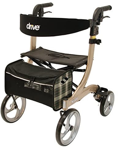 Drive Medical Rollator NITRO in Größe XS & Farbe Champagner I für Indoor & Outdoor mit Gepäcknetz, Stockhalter & Ankipphilfe I Gepolsterte Rückenlehne, ergonomische Griffe & kein Montageaufwand