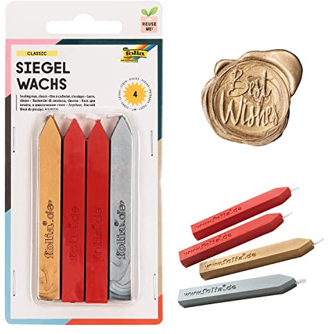 folia 31119 - Siegelwachs Classic, 4 Siegelkerzen im Set, je 1 Siegelkerze in silber und gold und 2 Siegelkerzen in rot, zum stilechten Verzieren von Karten, Briefen und Einladungen