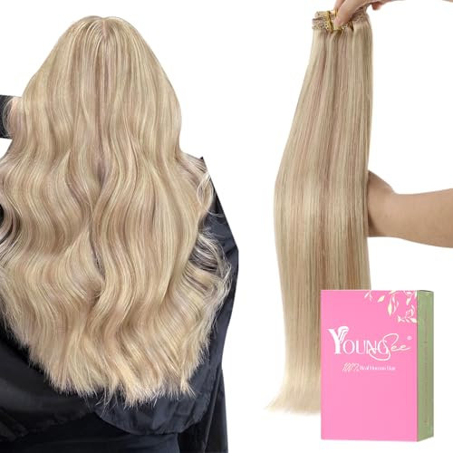 YoungSee Clip in Extensions Echthaar Blond Strähnchen Echthaar Extensions Clip in Blond Remy Glatt Extensions Echthaar Clips Aschblond und Warmblond 35cm 7 Stück 120g #18/613
