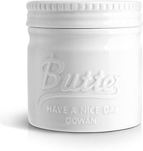DOWAN Beurre Pot en Porcelaine, Conteneur de Beurre Cruche au Beurre Style Mason Jar, Plat à Beurre français avec Couvercle en Relief pour Beurre Mou, Blanc