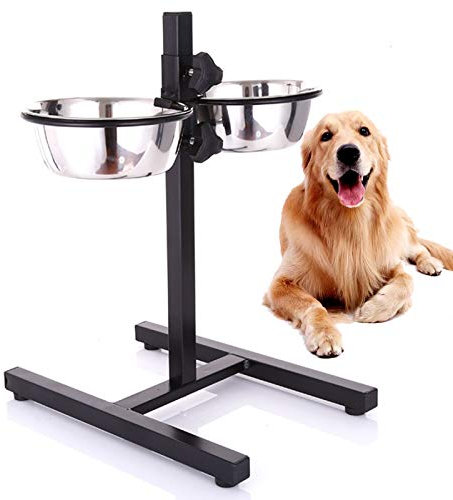 PJDDP Bols pour Chien en Acier Inoxydable Doubles Surélevés Réglables pour Animaux De Compagnie, Bols avec Support Réglable, Bols pour Chien Surélevés, Support d'alimentation avec 2 Bols,20cm