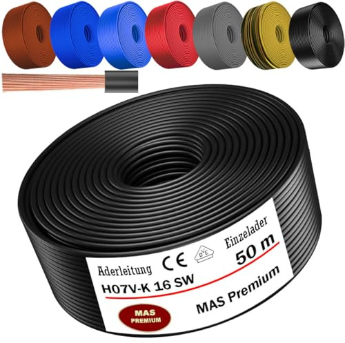 MAS Premium De 5 à 100 m Câble conducteur H07 V-K 16 mm² Noir Brun Bleu foncé Vert jaune Gris Bleu clair Orange ou Rouge Conducteur unique flexible (Noir, 50 m)