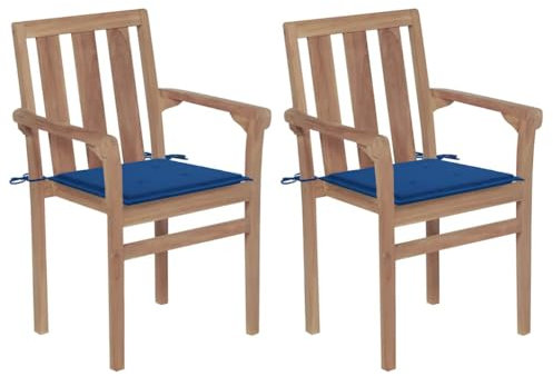 vidaXL 2X Teak Massiv Gartenstuhl mit Königsblauen Kissen Gartensessel Essstuhl Sessel Stuhl Stühle Holzstuhl Gartenmöbel Gartenstühle Balkon Terrasse