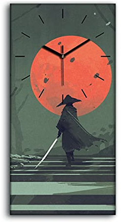 Coloray Uhr auf Leinwand - Schwarze Hände - Kunst Segeltuch Wohnzimmer Dekoration Ohne Tickendes Geräusc Wand Uhr - Fantasy Asian Japaner Samurai