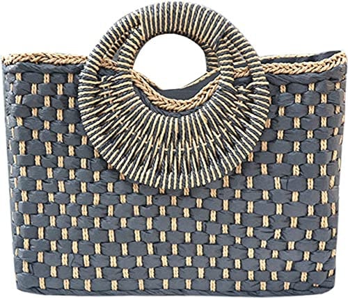 QZUnique Hand-woven Straw Bag Women Summer Beach Handbag Purse Retro Rattan Tote Clutch Travel Bag with Wood Round Top Handle, G-black, One Size