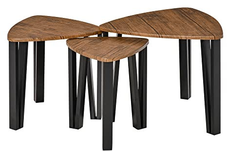HOMCOM Ensemble de 3 Tables Basses gigognes encastrables Style Industriel piètements métal Noir en épingle Plateaux Aspect Bois de Noyer