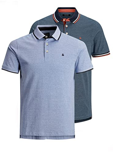 JACK & JONES JJEPAULOS Men's Slim Fit Polo Shirt Plain Summer Shirt Collar Short Sleeve Basic Pique Cotton, Pack of 2 (Bright Cobalt/Denim Blue), S