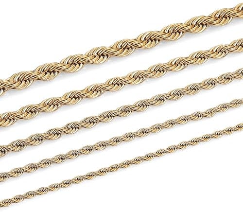 HZMAN 18K Real Gold Plated Rope Chain 2-6mm Stainless Steel Silver Gold Chain for Men Women Hip Hop Link Chains Necklace 16-30 Inches, 20 inches, Stainless Steel, No Gemstone