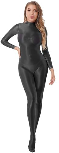 Jowowha Damen Body Overall Einteiler Jumpsuit Bodystocking Langarm Ganzanzug Nylon Strumpfhose Hose Tight Leggings Schwarz XL