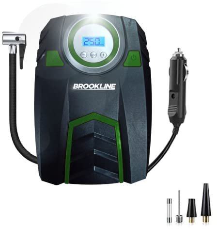 Brookline 12V Quality Digital Car Tyre Air Compressor - For All Vehicles - Shows PSI BAR KPA 0-150 PSI - Includes Adaptors