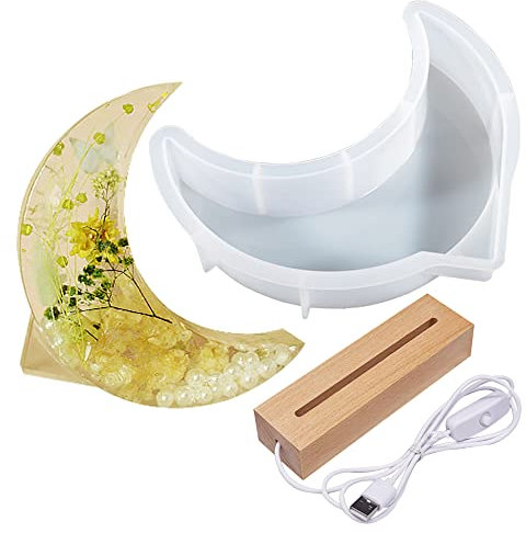 Yayatty Resin Gießharz Silikonform, Groß Mond Schmuck Silikonform mit USB Stromversorgung Beleuchteter Holzsockel für DIY Tischbasteleien, Schreibtischlampe Heimdekoration