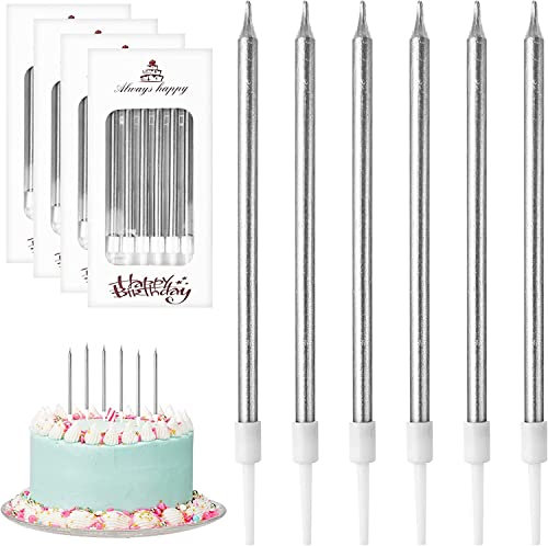 DONQL Geburtstagskerzen Für Torte, 24 Stücke Dünne Lange Silber Geburtstagskerze Mit Haltern Für Geburtstagskerzen Kinder & Erwachsene Für Dekorative Geburtstagstorte, Babyparty, Mädchenparty (Silber)