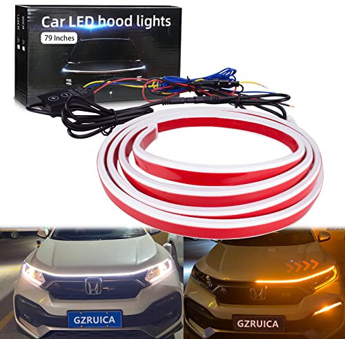 GZRUICA Car Hood Light Strip 200CM White Exterior Car LED Strip Lights for Hood Flexible Waterproof Dynamic Scan Sequential Turn Signal Amber DC12V Daytime Running Lights with Remote for Cars, Trucks