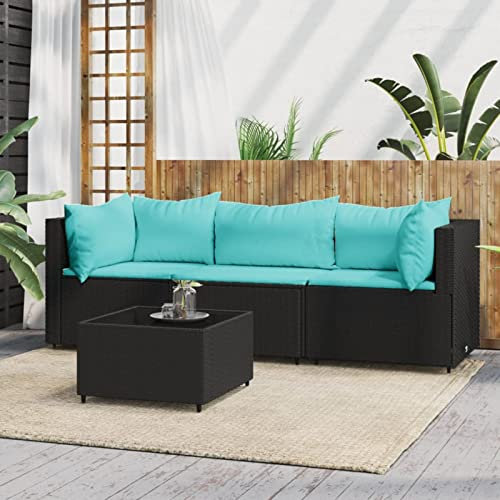 Festnight Balkon Sofa Rattan 3 Sitzer Gartensofa Balkonmöbel Keiner Balkon Garten Lounge Gartenmöbel Set Klein Gartenlounge Loungemöbel Terrasse Terrassenmöbel, Schwarz und Blau