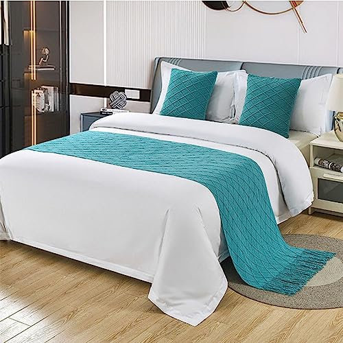 Morbuy Moderne Hotel Bettläufer Schals Quasten Schal Bettlaufer Bettschal Bettschwanz Handtuch Dekoration Für Einzel Queen King Size Bett Flagge (60x230cm für 180cm Bett,Blau)