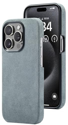 AKANTRA Alcantara Hülle für Apple iPhone15 Pro Max, handgefertigt, halb umwickelt, synthetische Wildlederhülle, kompatibel mit Magsafe kabellosem Laden (iPhone15 Pro Max, Grau)