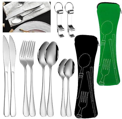 Camping Besteckset 2 Set Reisebesteck mit Etui, Feldbesteck Besteck für Unterwegs Messer Gabel Löffel Flaschenöffner Set für Reise Picknick