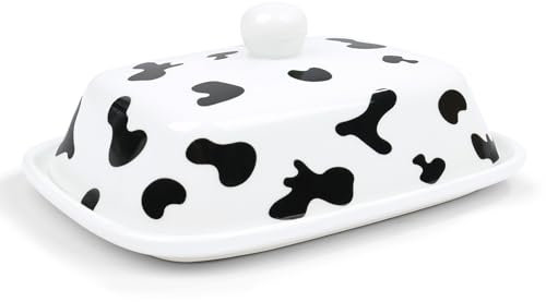 fanquare Large Butter Dish with Raised Leg, Ceramic Butter Crock with Lid for Kitchen, Butter Keeper with Cow Print, 16.5cm×13.3cm×8cm