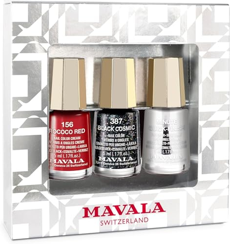 Mavala - Coffret Vernis à Ongles Fabulous Cosmic - Rouge Iconique, Pailleté & Top Coat - Longue Tenue - Séchage Rapide - Application Facile - Formule Végane - Mini Color’s - 3 x 5 ml